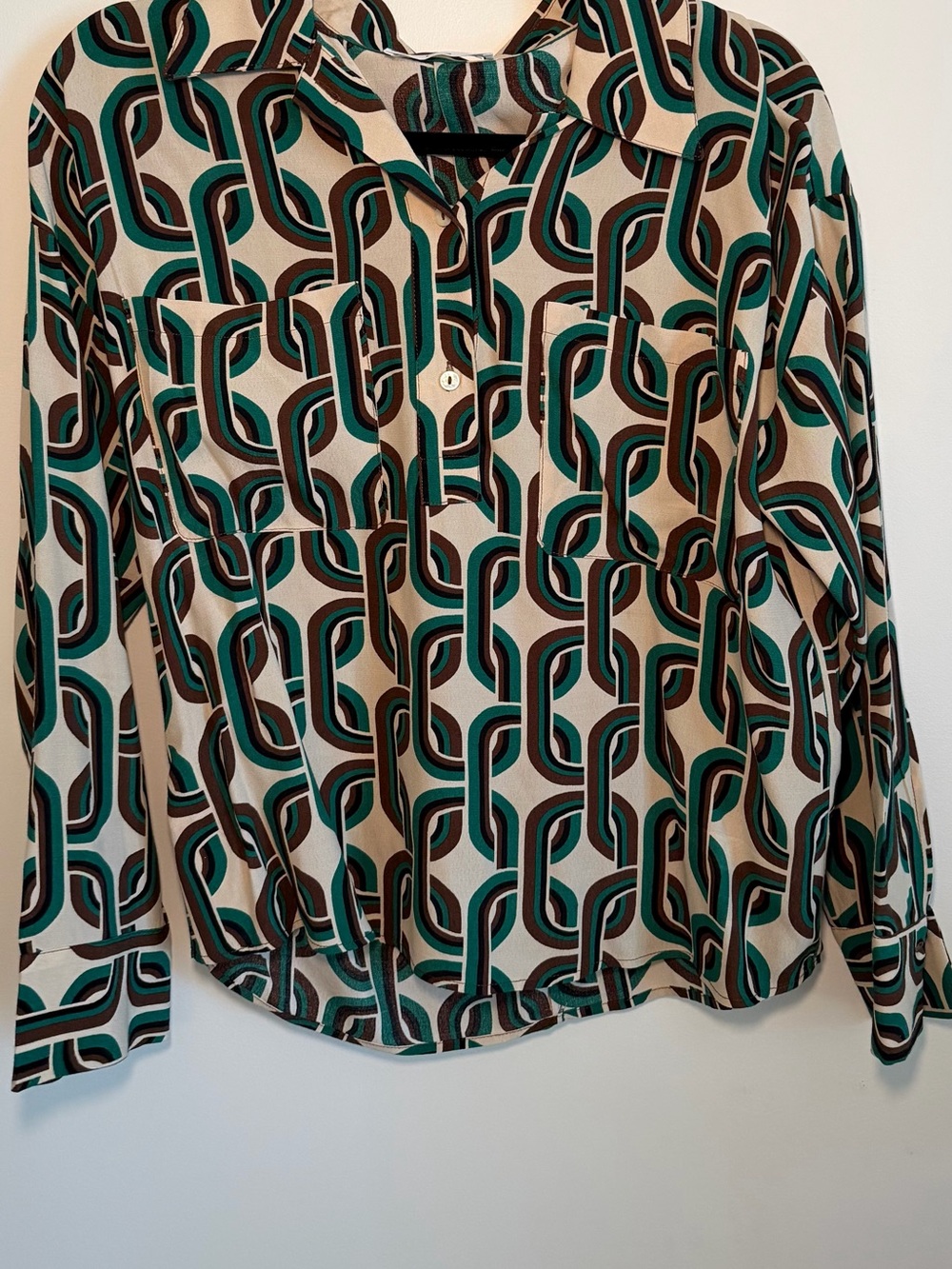 Mango Striped Silk-Blend Top in Cream, Teal & Brown